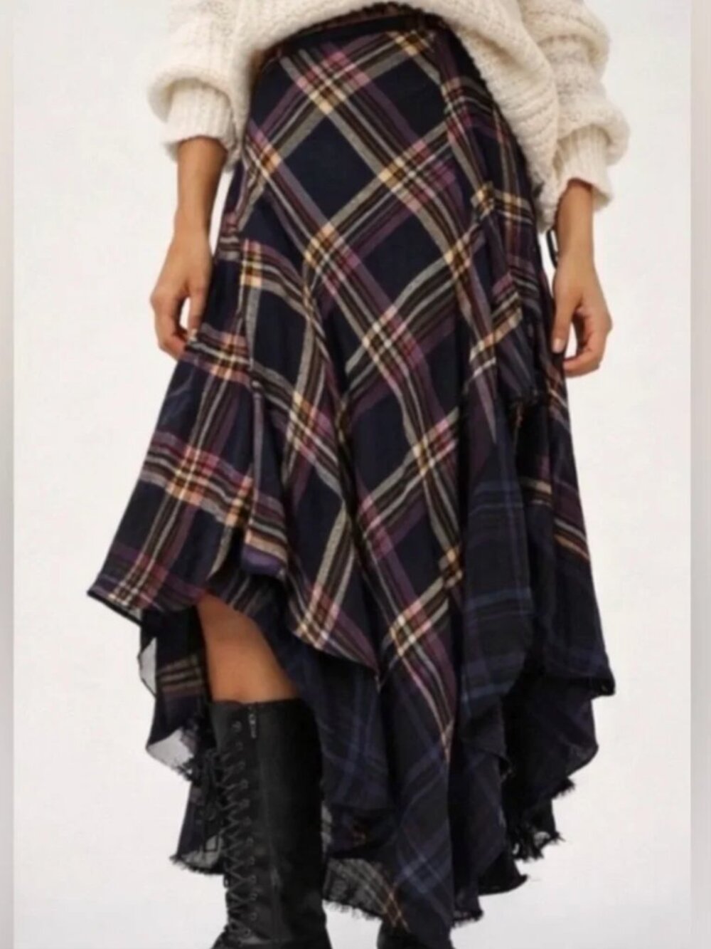 Free People Dipped in Dreams Asymmetrical Fall Autumn Plaid Maxi Skirt, sz 4
